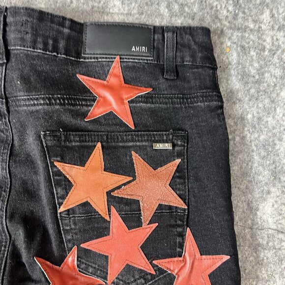 AMIRI Star Patch Jeans Black Leather Red Brown Size 32 Designer Denim USA Rare - Picture 13 of 16